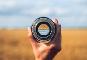 Looking to the golden wheat field in sunny autumn day. Point of view. Selective focus.